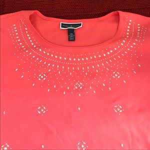 Karen Scott coral top with jewel design.